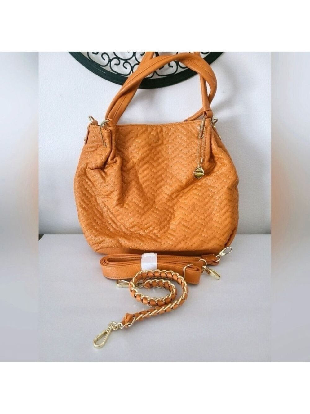 NWOT Big Buddha Mustard Yellow Vegan Leather Herringbone Pattern Shoulder Bag